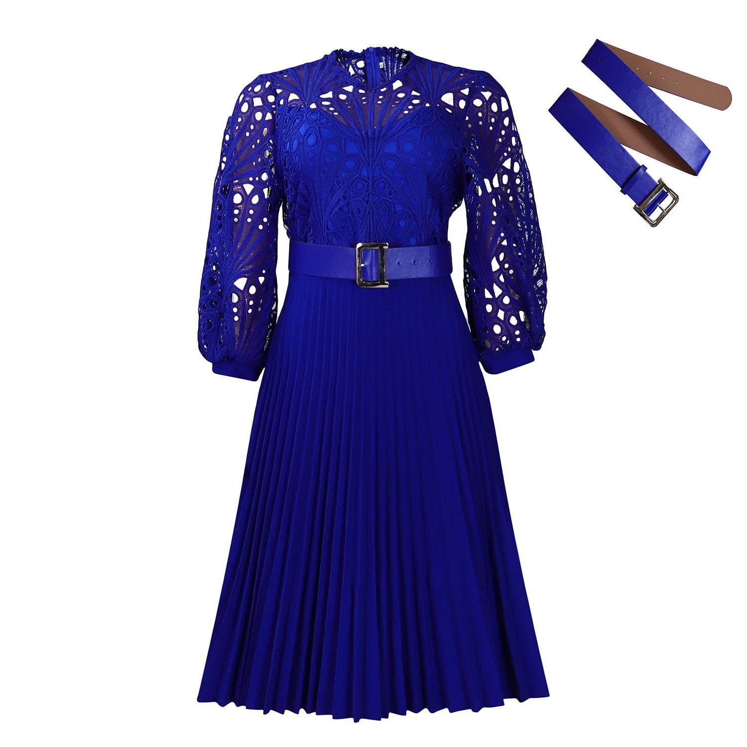 DREAM VERA APPAREL - Elegant Solid Color Lace Midi Dress with Pleats