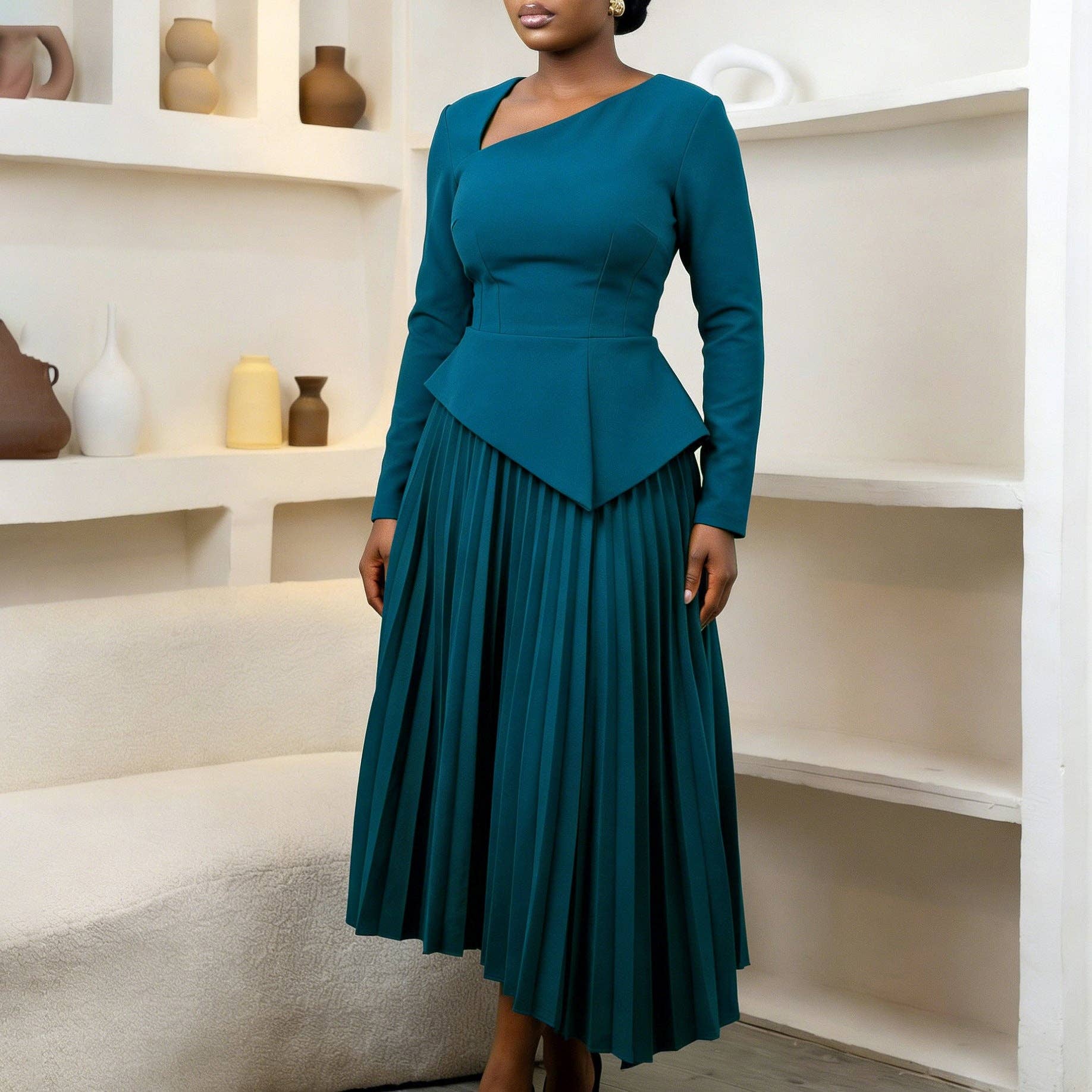 DREAM VERA APPAREL - Elegant Off-Shoulder High-Waisted Midi Dress