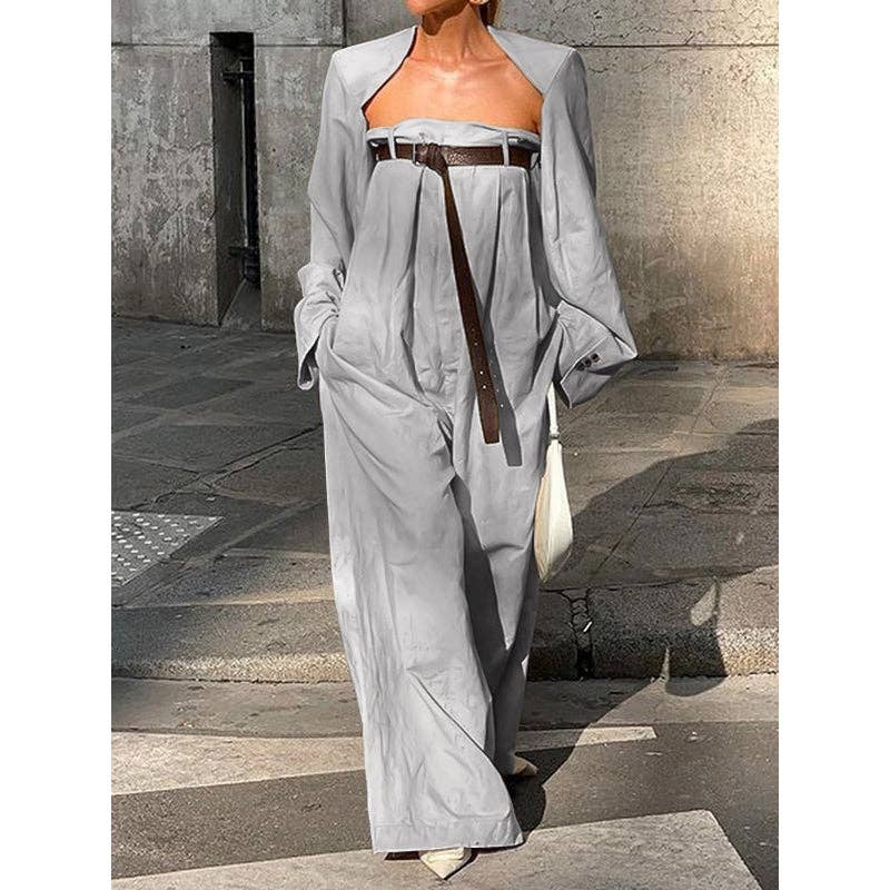 Long Sleeves Buttoned Collarless Outerwear Top + Wide Leg Belted Jumpsuits Two Pieces Set