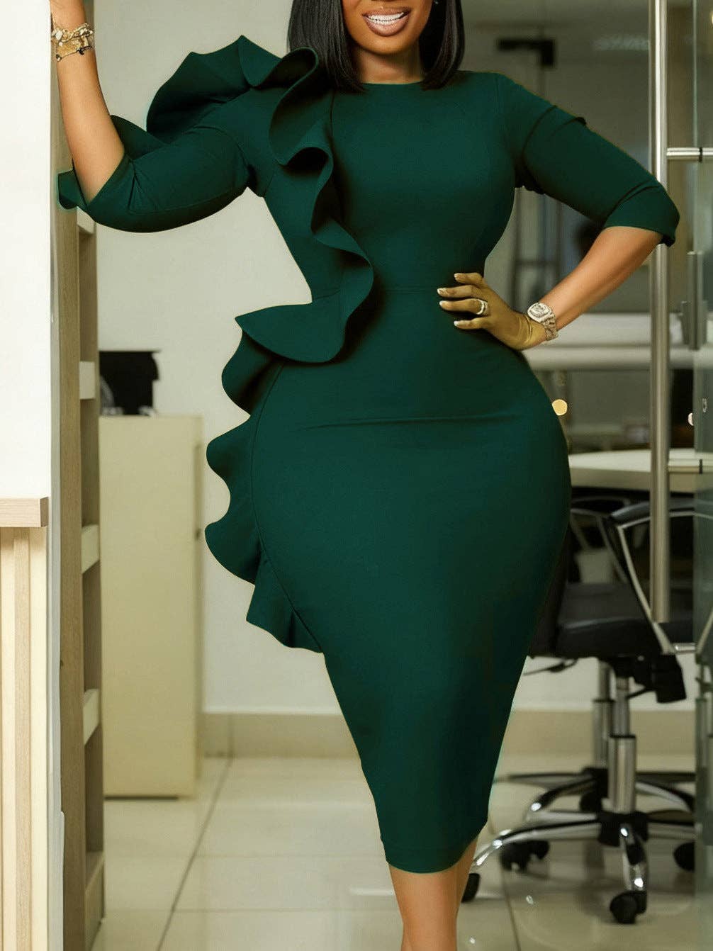 DREAM VERA APPAREL - Elegant Ruffle Hem Midi Dress with Short Sleeves