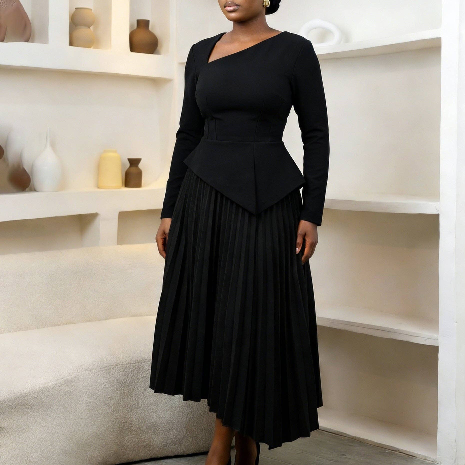 DREAM VERA APPAREL - Elegant Off-Shoulder High-Waisted Midi Dress