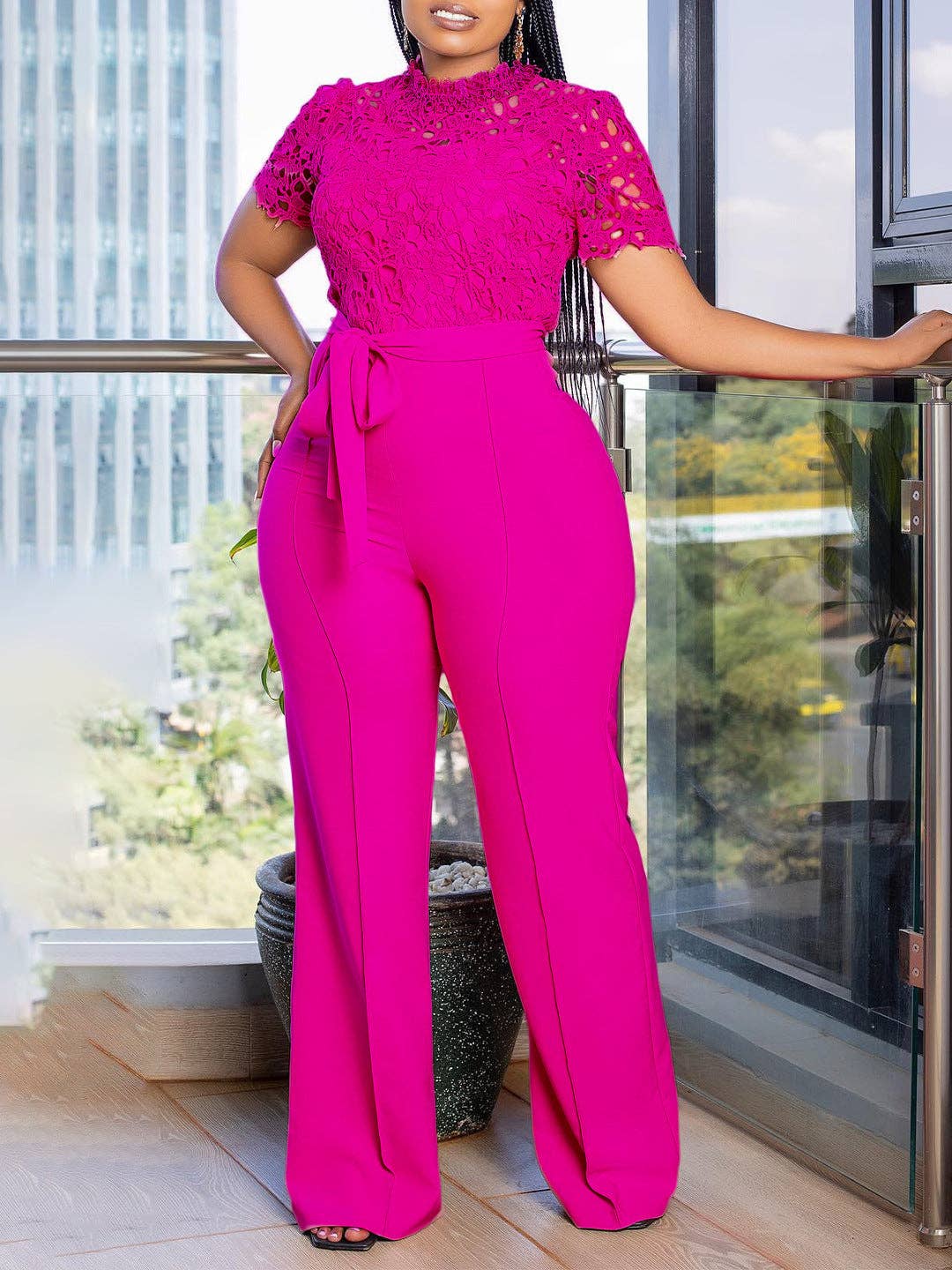 DREAM VERA APPAREL - Sexy Lace Trim Halter Jumpsuit Elegant Wide-Leg Pants