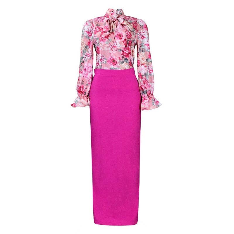 Fashion Printed Long Sleeve Shirt Half Body Skirt Set