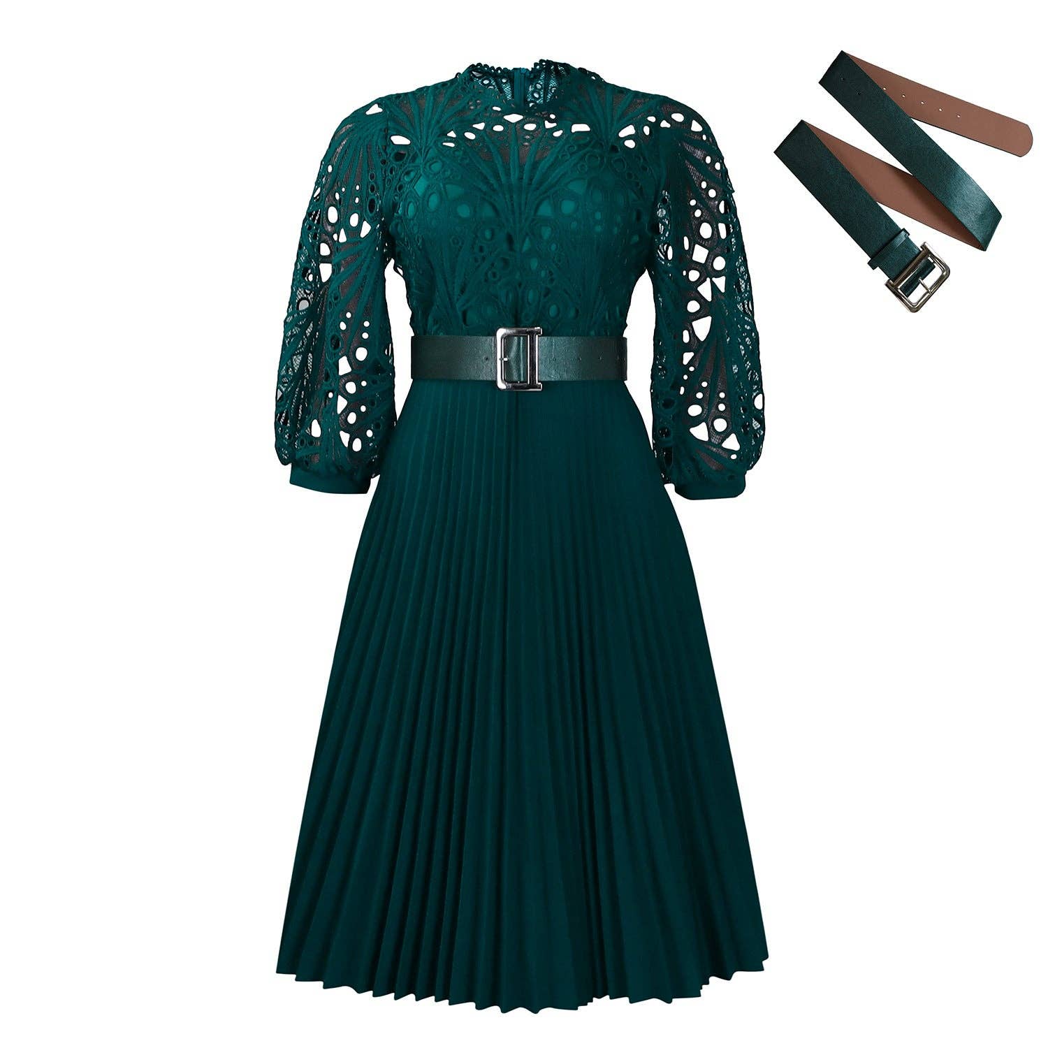 DREAM VERA APPAREL - Elegant Solid Color Lace Midi Dress with Pleats
