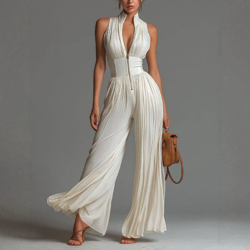 Crisscross Halter Jumpsuit Pleated Wide Leg Long