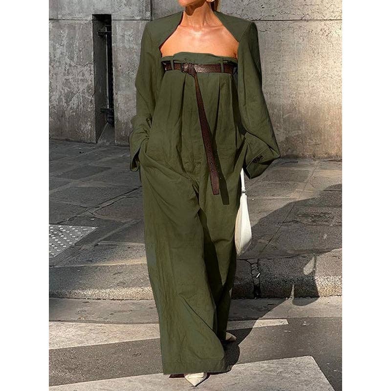 Long Sleeves Buttoned Collarless Outerwear Top + Wide Leg Belted Jumpsuits Two Pieces Set