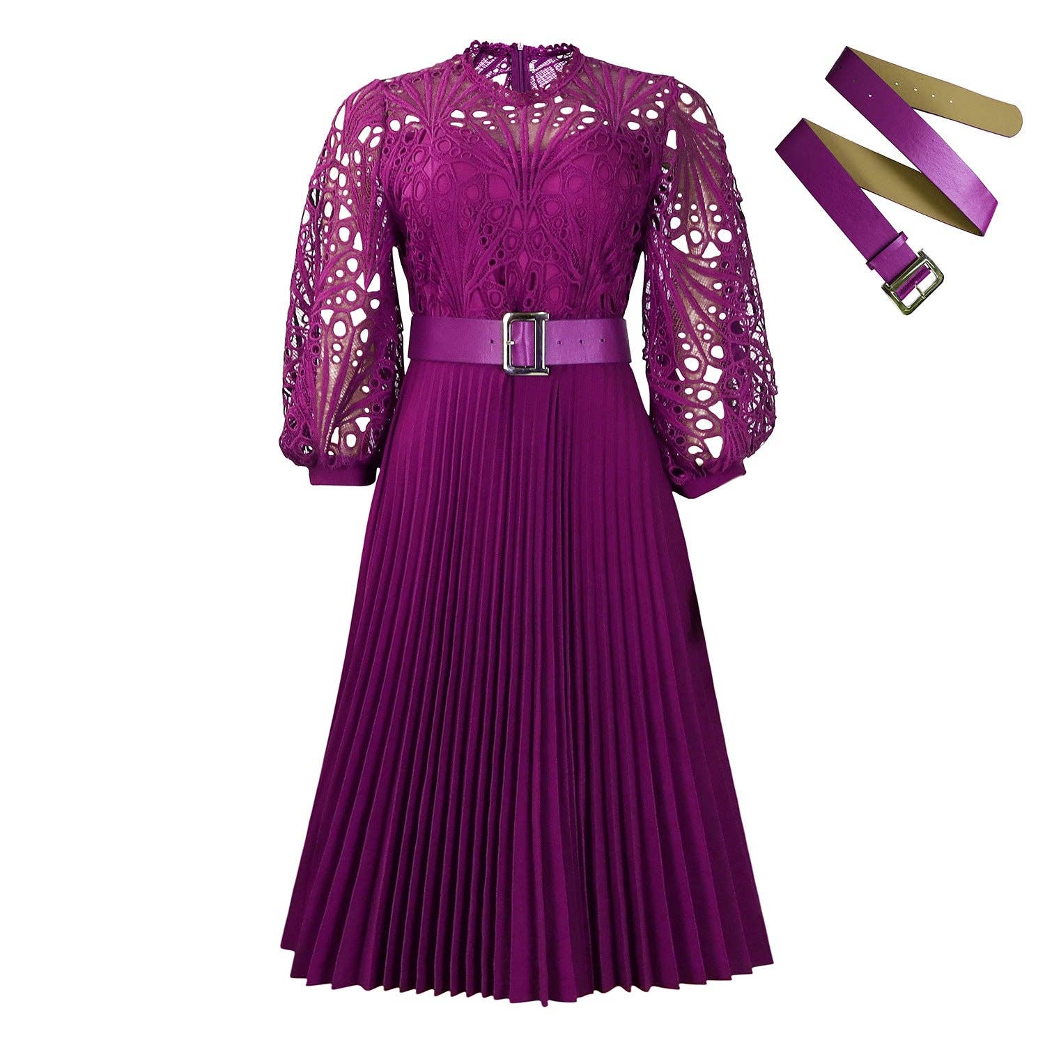 DREAM VERA APPAREL - Elegant Solid Color Lace Midi Dress with Pleats