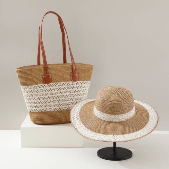 Large Capacity Straw Tote Bag & Wide Brim Sun Hat Set For Outdoor Travel