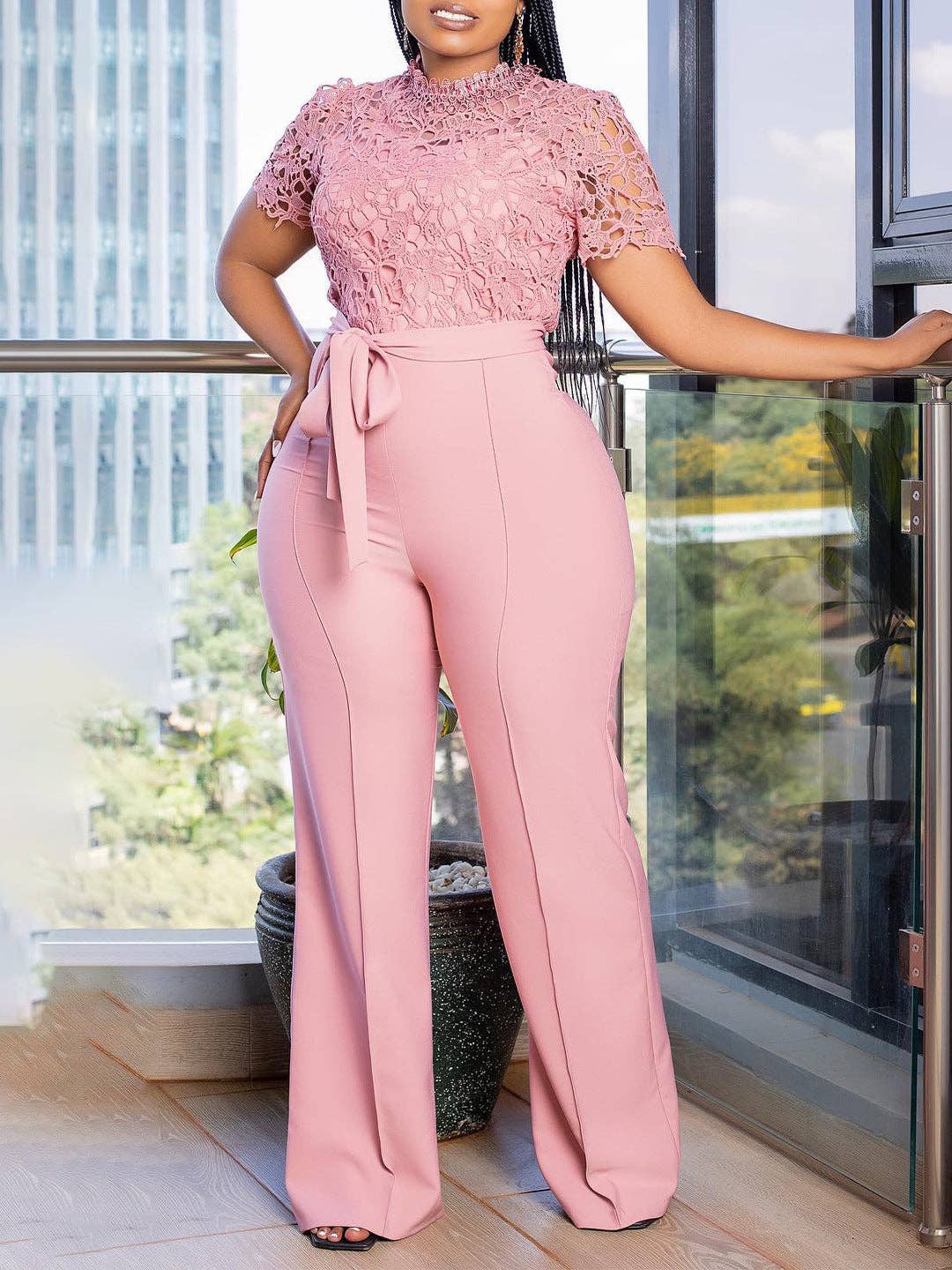 DREAM VERA APPAREL - Sexy Lace Trim Halter Jumpsuit Elegant Wide-Leg Pants