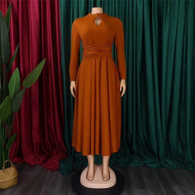 Hollow Out Long Sleeve Swing Dress