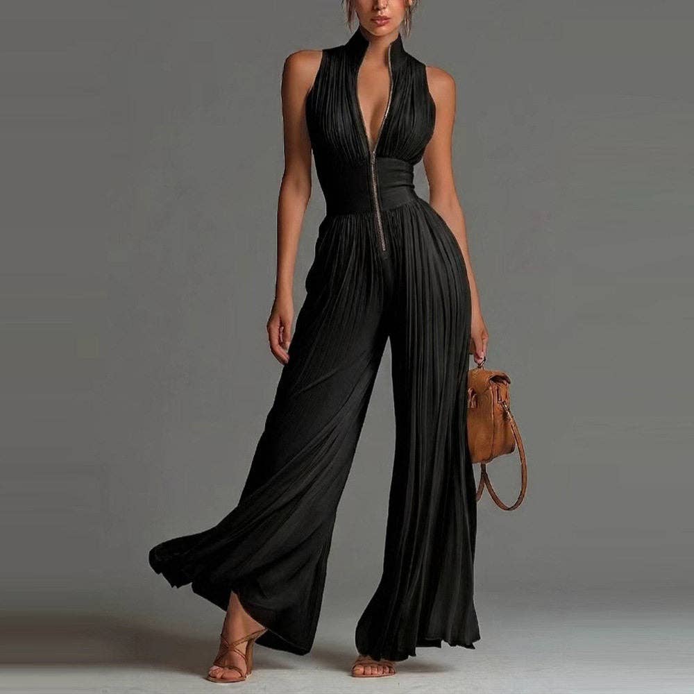 Crisscross Halter Jumpsuit Pleated Wide Leg Long