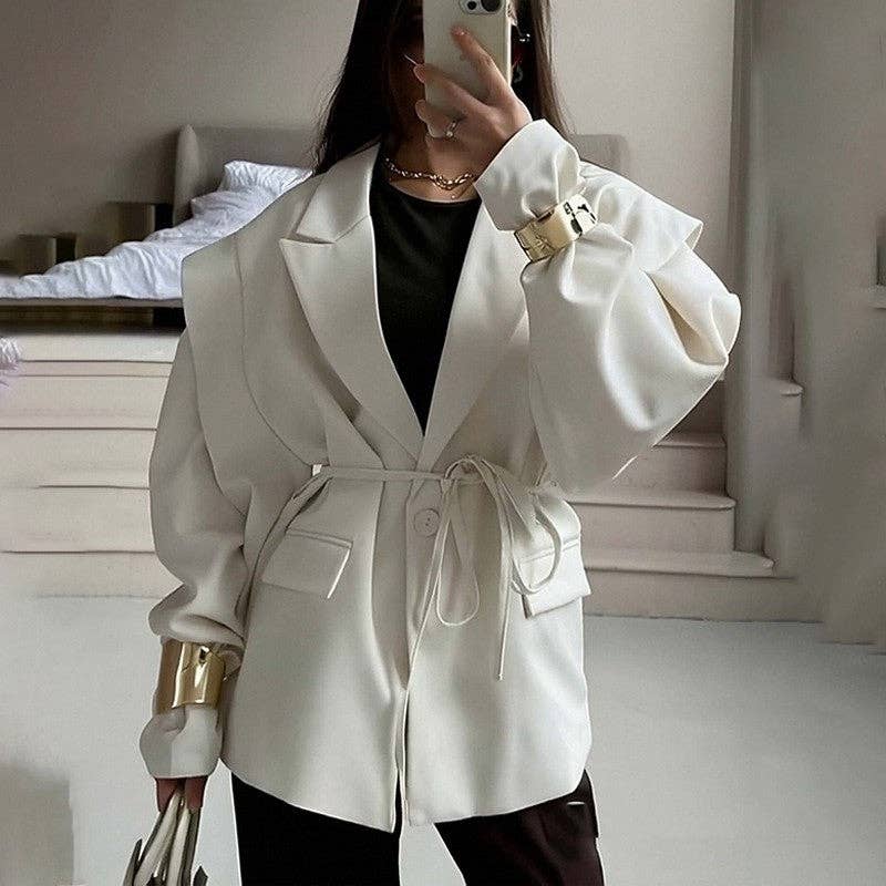 Solid Color Belted Shoulder Padded Blazer