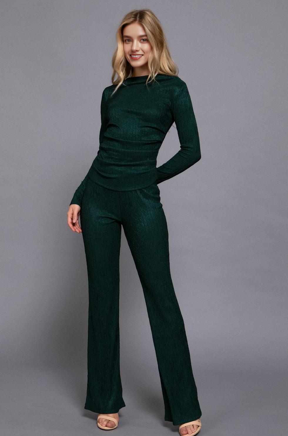 Long Sleeve Draped Top & Waist Band Flare Pants 2PC Set