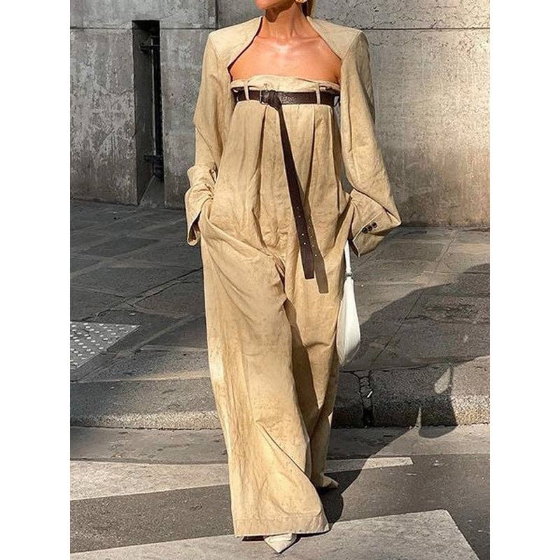 Long Sleeves Buttoned Collarless Outerwear Top + Wide Leg Belted Jumpsuits Two Pieces Set