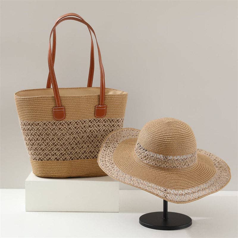 Large Capacity Straw Tote Bag & Wide Brim Sun Hat Set For Outdoor Travel
