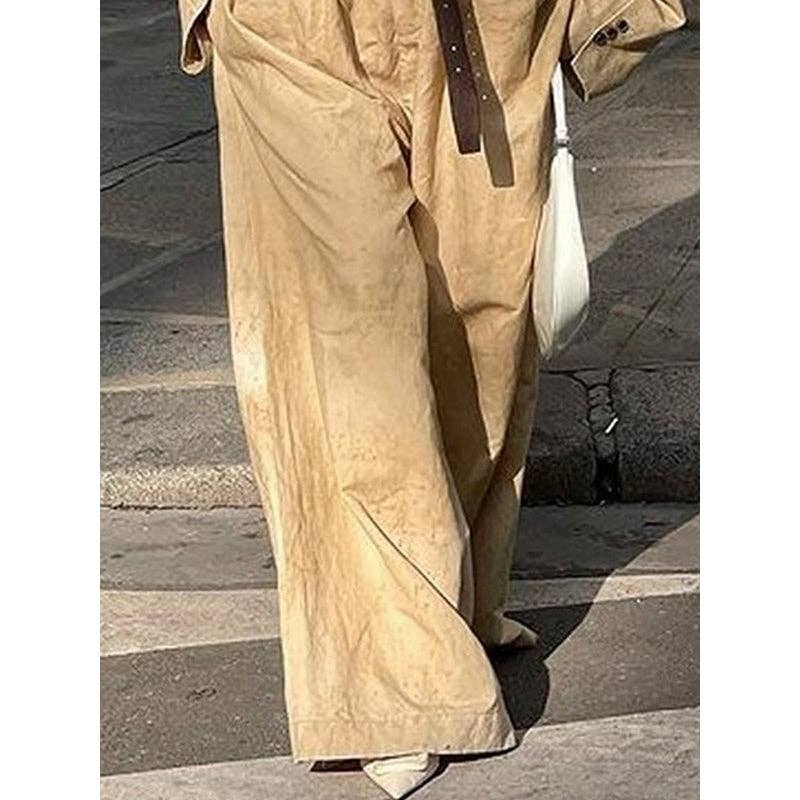 Long Sleeves Buttoned Collarless Outerwear Top + Wide Leg Belted Jumpsuits Two Pieces Set