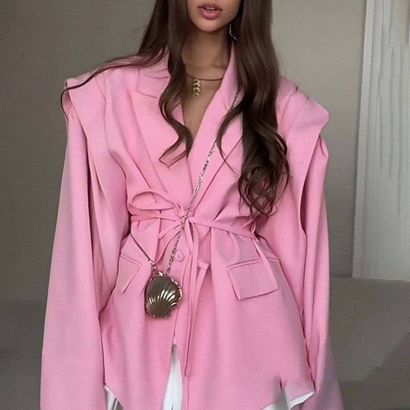 Solid Color Belted Shoulder Padded Blazer