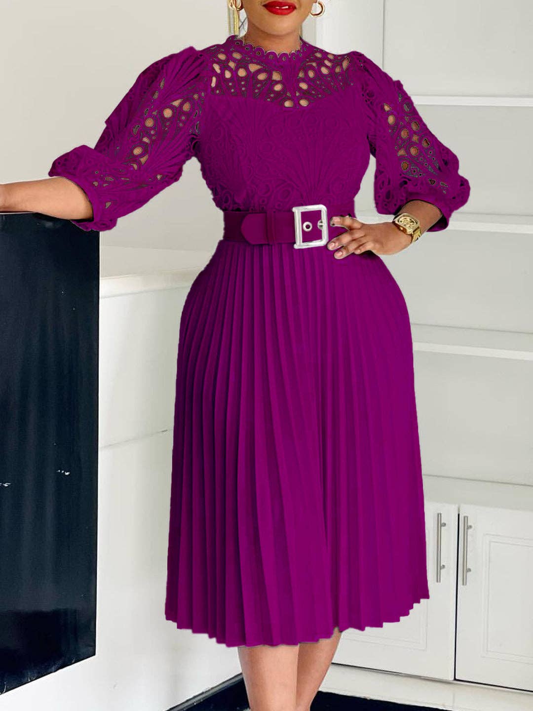 DREAM VERA APPAREL - Elegant Solid Color Lace Midi Dress with Pleats