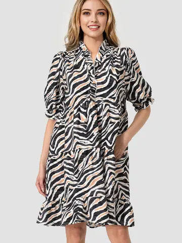 Shelly Dress – Short Sleeve Ruffle Black Animal Print