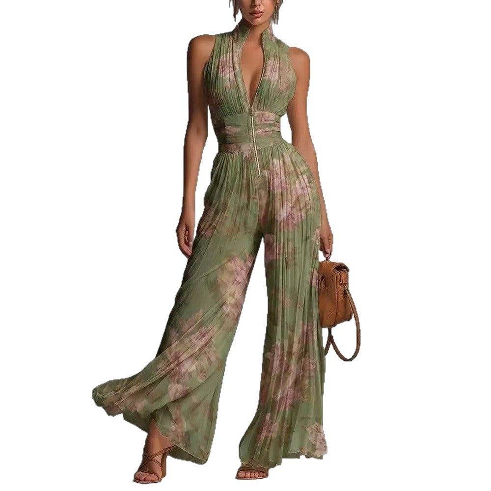 Crisscross Halter Jumpsuit Pleated Wide Leg Long