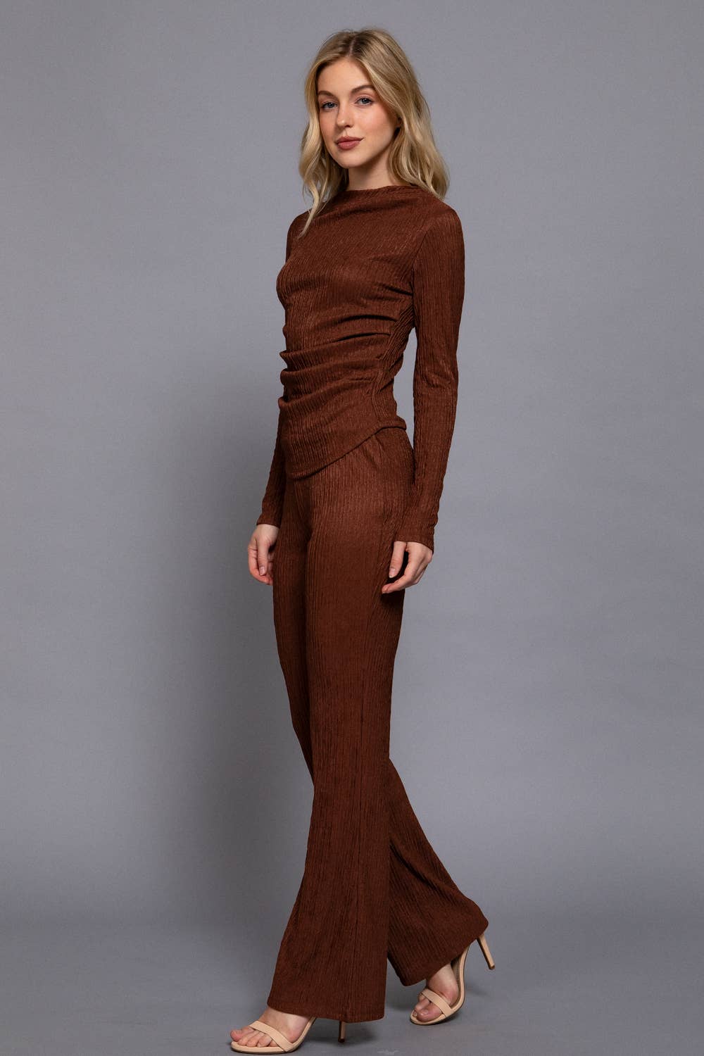 Long Sleeve Draped Top & Waist Band Flare Pants 2PC Set