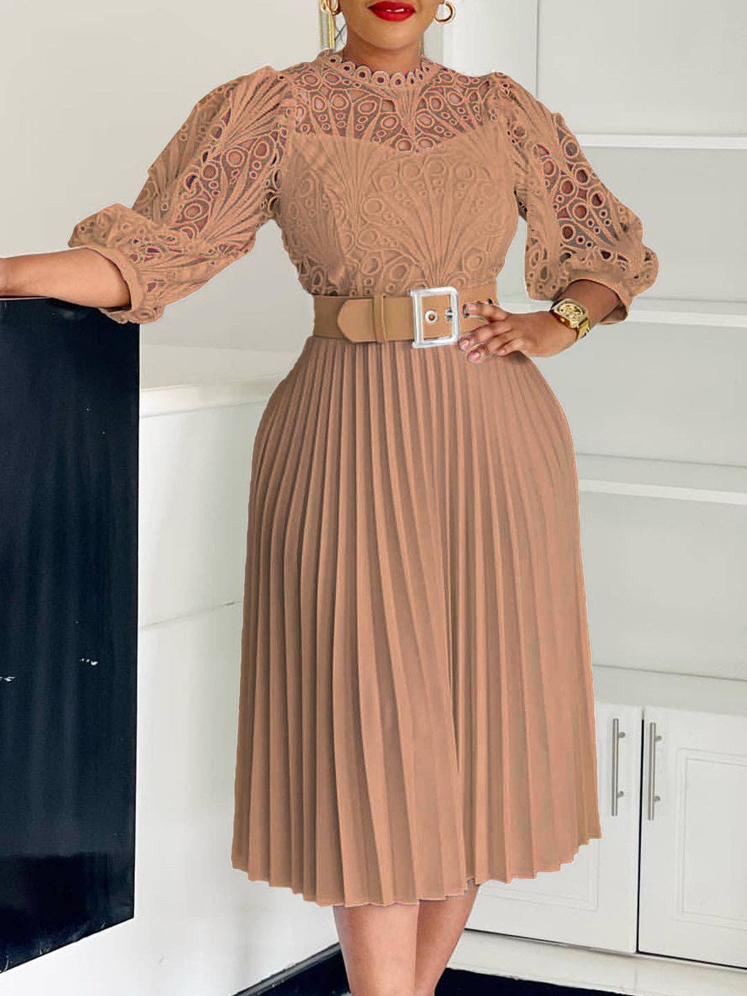 DREAM VERA APPAREL - Elegant Solid Color Lace Midi Dress with Pleats